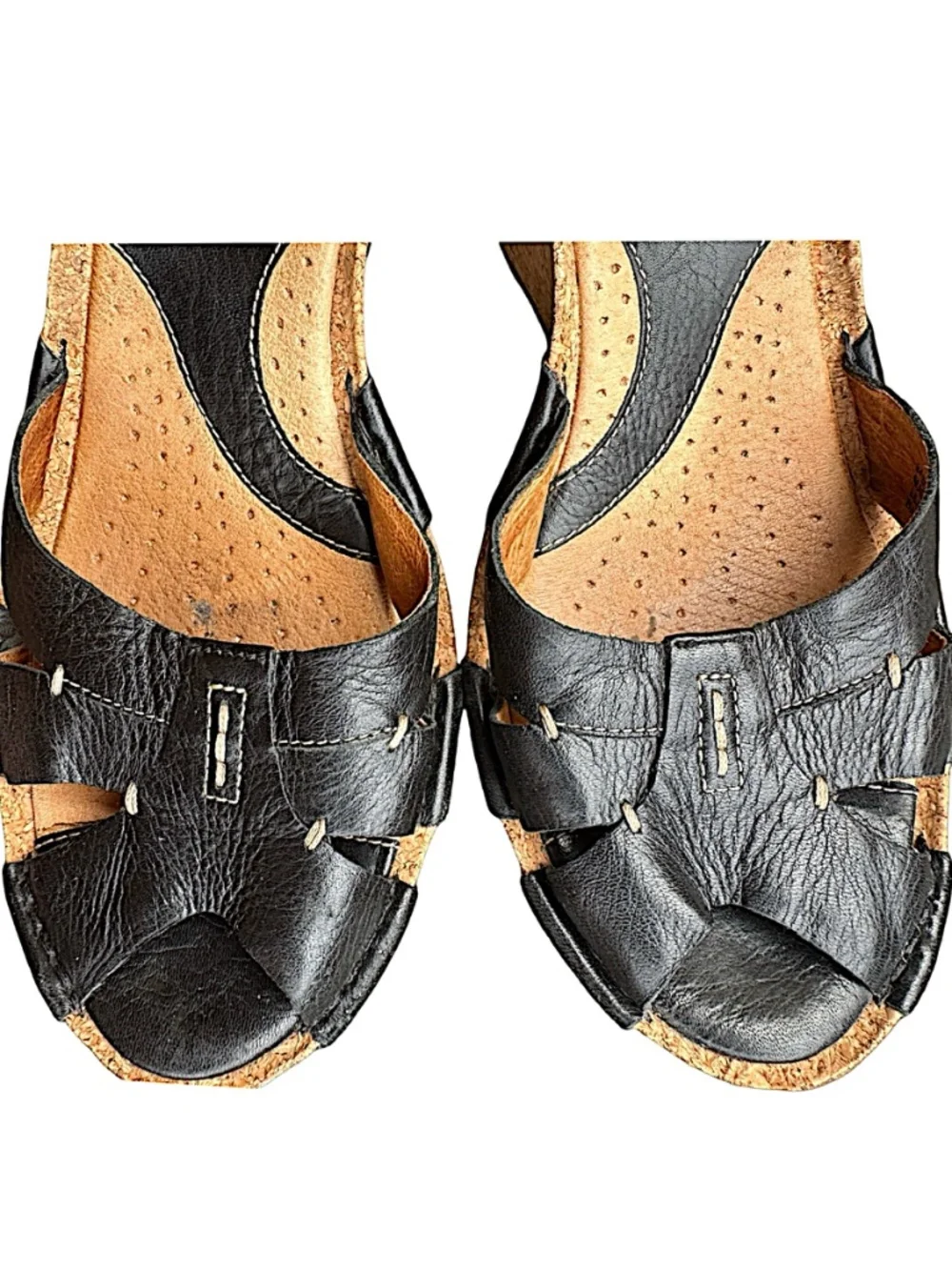 CLARKS Artisan Women’s Wedge Sandals 8Size M Black Leather Cork Heel Shoes